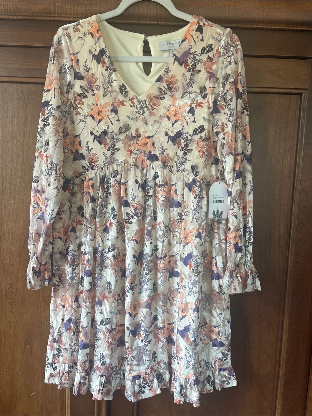 Hayden Floral V-Neck Velvet Dress with Peach and Purple flower Accents